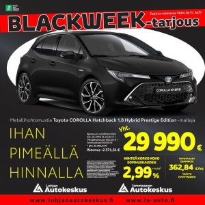 ⬛️ BLACKWEEK 22.-26.11. 
⬛️ Metallihohtomusta Corolla Prestige Hybrid
⬛️ ihan pimeällä hinnalla, nyt 29990€!
⬛️ Autoja nopeaan t...