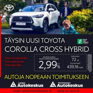 Meiltä Toyota Corolla Cross -malleja nopeaan toimitukseen. Autoja rajoitettu määrä. Toimi nopeasti ja kysy tarjous