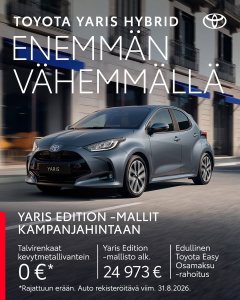Nyt rajattuun erään Toyota Yaris -malleja tuplasti etuja: talvirenkaat kevytmetallivantein 0 €* ja edullinen Toyota Easy Osamaks...