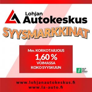 Syysmarkkinoilta kaikkiin autokauppoihin rahoituskorkotarjous nyt vain 1,6% +kulut*!
Katso lisää www.lohjanautokeskus.fi

Esimer...